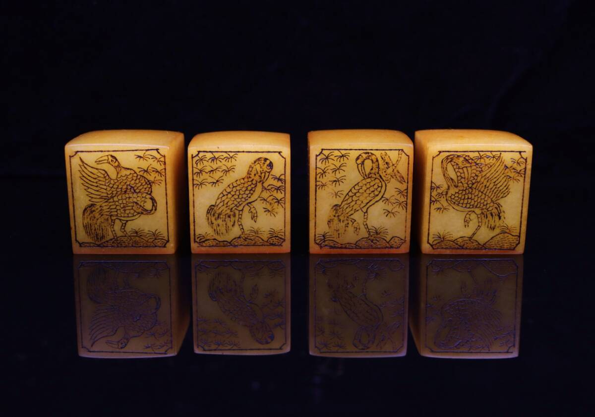 ◆珍蔵◆中国古美術 清時代 古寿山石 田黄石彫り 銘文花鳥図 印章 四点 細密細工造 置物 擺件 古賞物 骨董品 時代物 A17拍卖