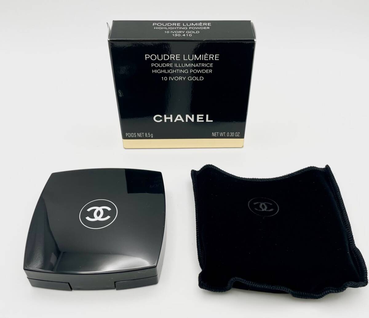 FK2457【未使用】CHANEL シャネル プードゥル ルミエール 10 アイヴォリー ゴールド 8.5g ブラシ 保存袋 フェイスパウダー ハイライト拍卖
