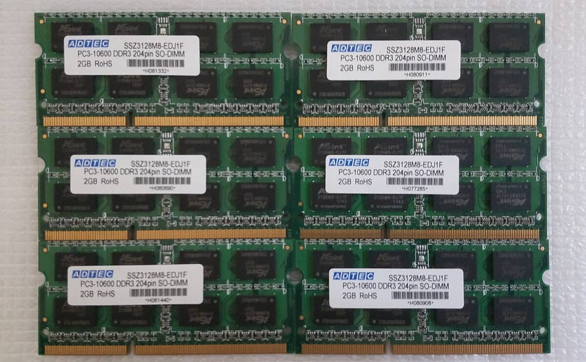 ノートパソコン用メモリー PC3-10600 PC3L-12800S 2GB 12枚セット(中古)拍卖