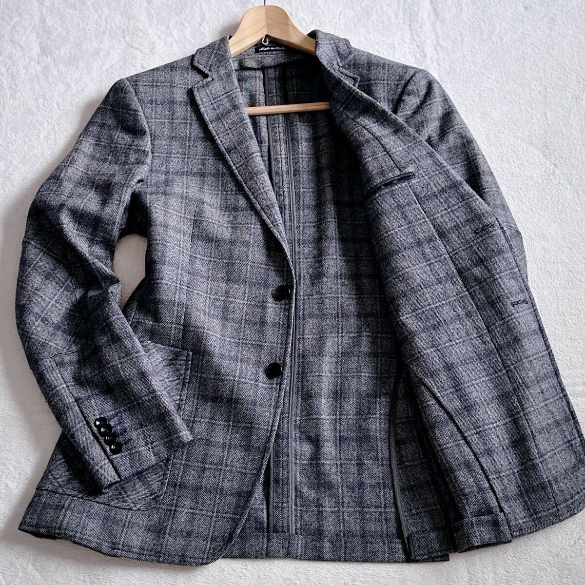 【漂う高級感】PAL ZILERI Labパルジレリ ラボ テーラードジャケット エルボーパッチ チェック グレー50XL相当サイズ イタリア製拍卖