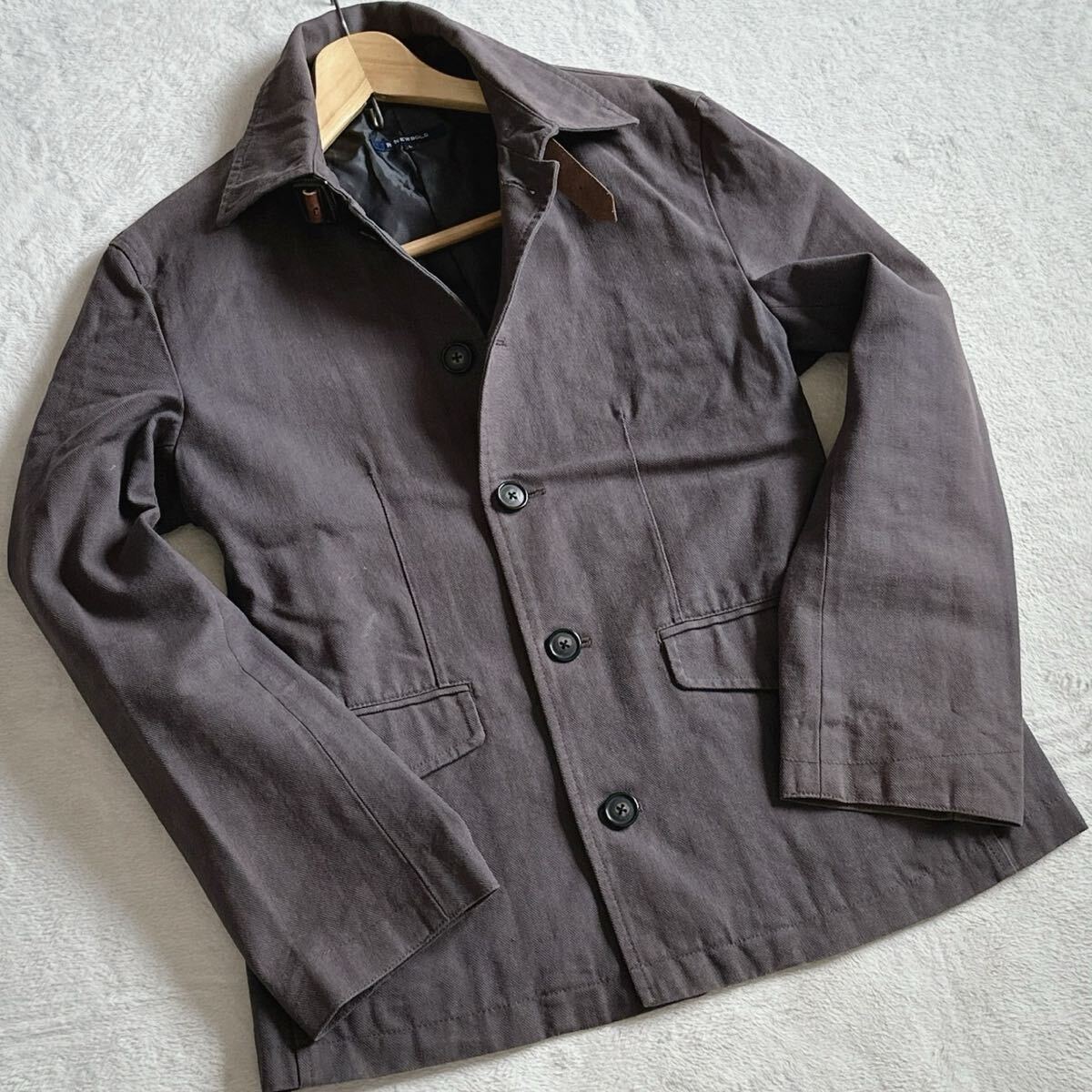 【最適な羽織り◇】R.NEWBOLD アールニューボールド ジャケット ブルゾン シャドーストライプ ブラウン茶 ベルト牛革 メンズ Lサイズ拍卖