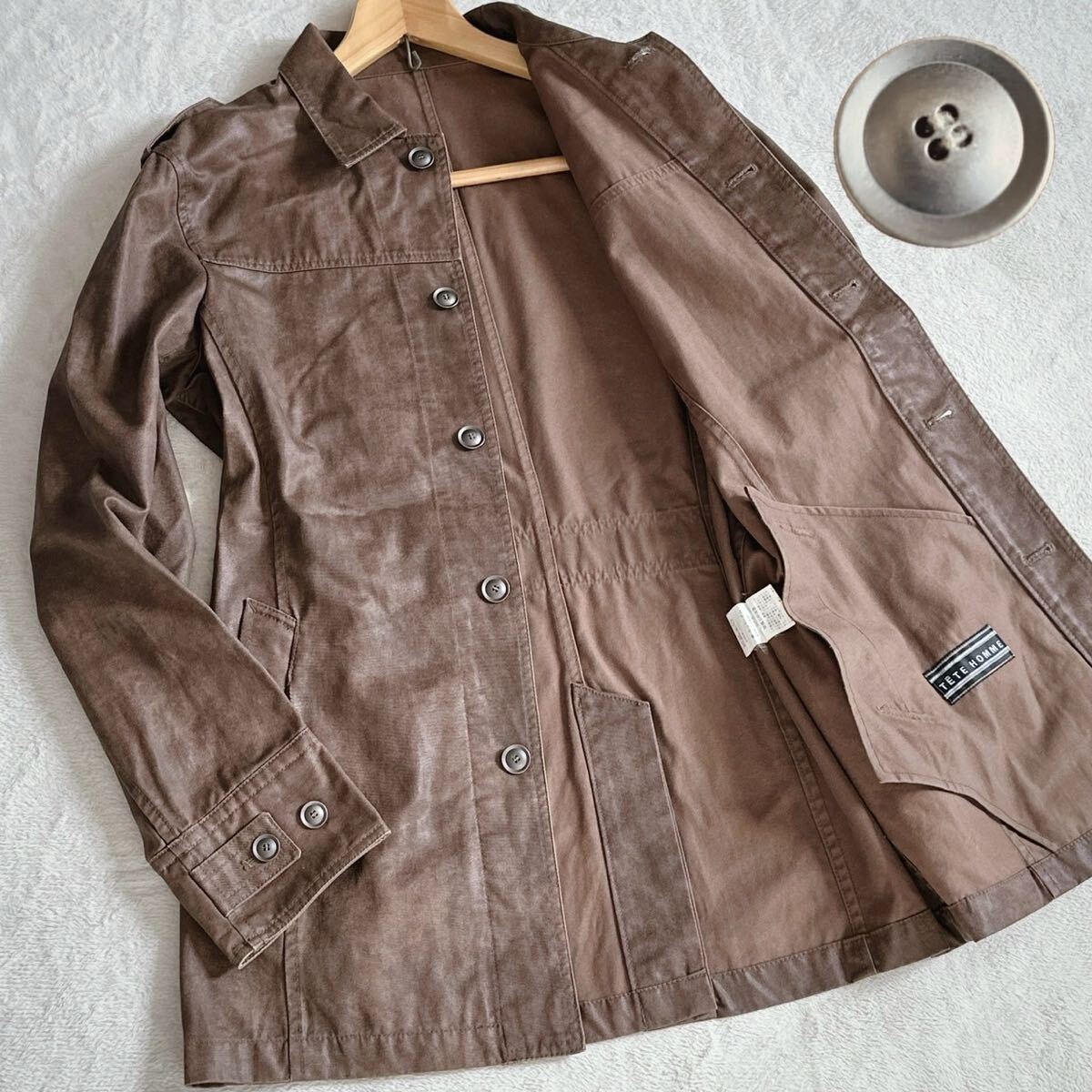【贅沢の極み◇】TETE HOMME テットオム ハーフコート ジャケット コーティング メタルボタン Lサイズ メンズ ブラウン ミリタリー 拍卖