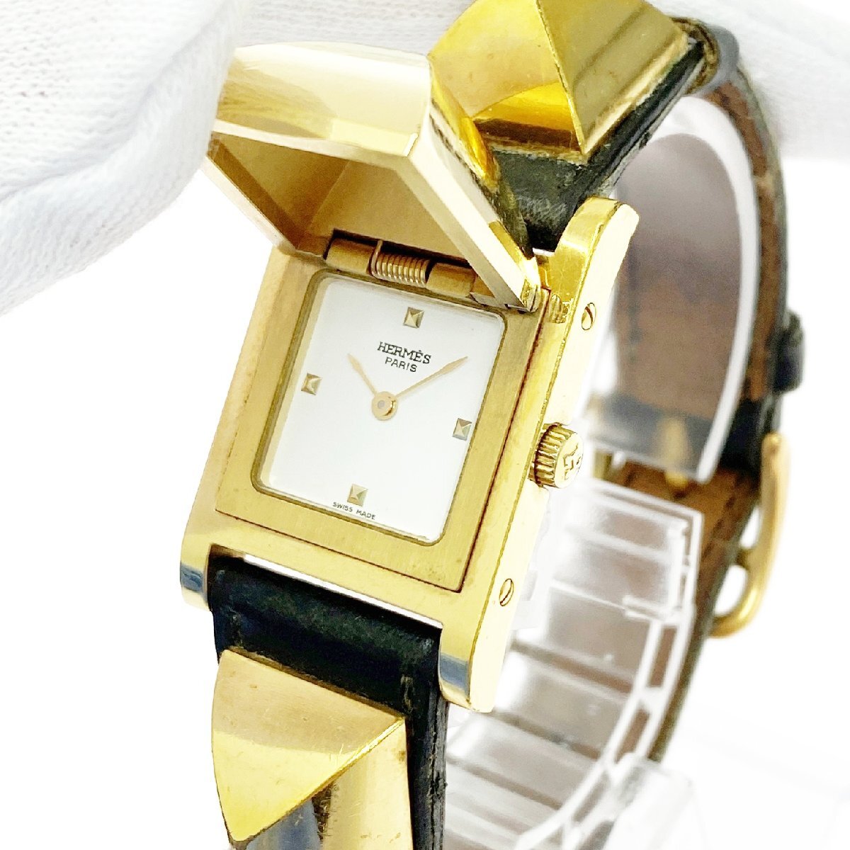 【1円スタート】【訳あり品】HERMES エルメス ME1.201 メドール GP×SS ホワイト文字盤 クオーツ レディース腕時計 A909135拍卖