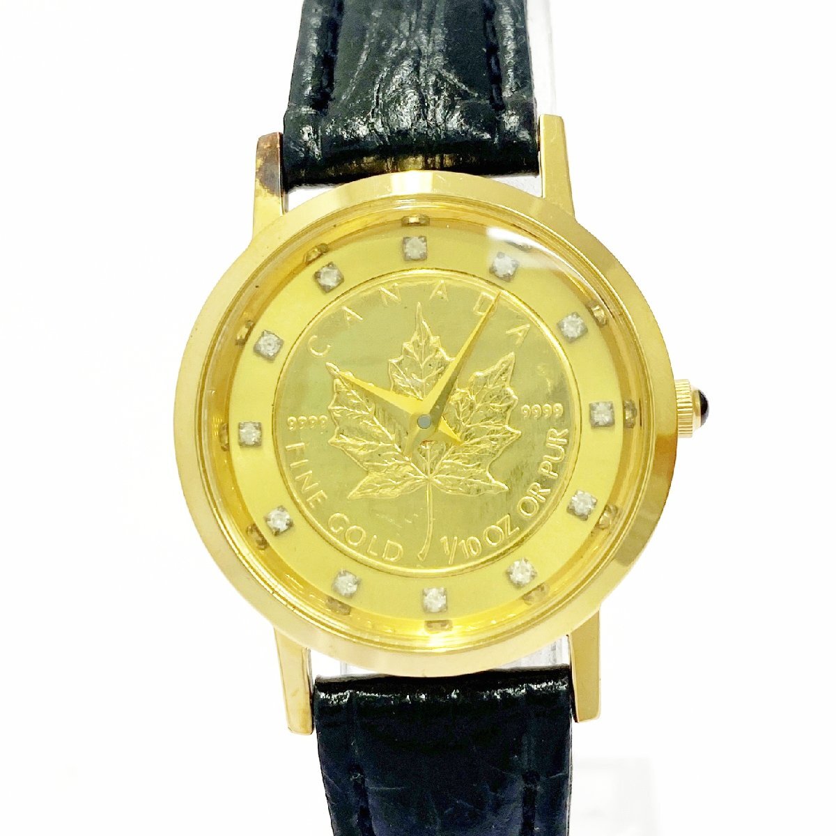 【1円スタート】HILTON ヒルトン HQ-9506L メイプルリーフコイン FINE GOLD 1/10oz クオーツ レディース腕時計 507766拍卖