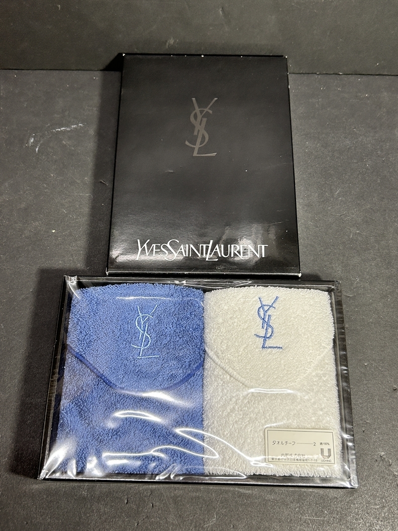 ● コレクター必見 未使用 YSL YVESSAINTLAURENT イブサンローラン タオルチーフ 2枚 白 ブルー タオルハンカチ 手拭き 元箱 Zr328拍卖
