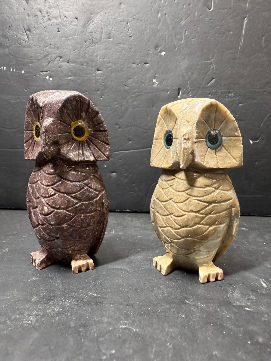 ★コレクター必見 ビンテージ 石製 石細工 梟 フクロウ 置き物 2点 石 オブジェ 縁起物 ミニチュア インテリア コレクション GT672拍卖