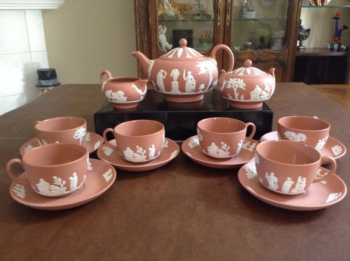 ◎ウェッジウッド テラコッタ(素焼き色)ジャスパー 17pティーセット 内側に釉薬◎極希少拍卖