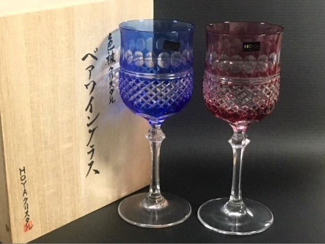 ◎HOYA 保谷 色被クリスタル 切子 ペアワイングラス◎共木箱・共布拍卖