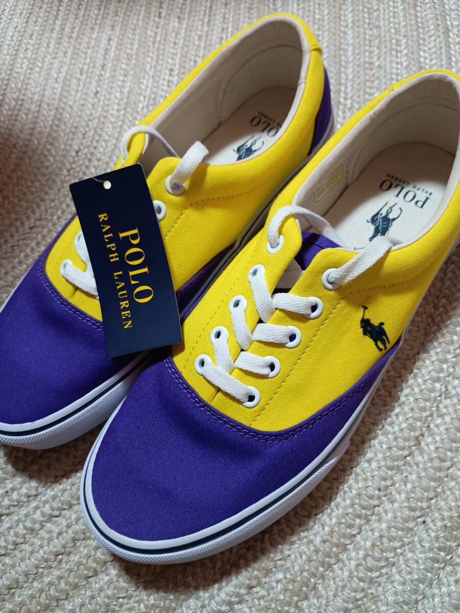 新品 ポロ ラルフローレン デッキシューズ スニーカー 27.5cm レイカーズカラー パープル イエロー POLO RALPH LAUREN メンズ拍卖
