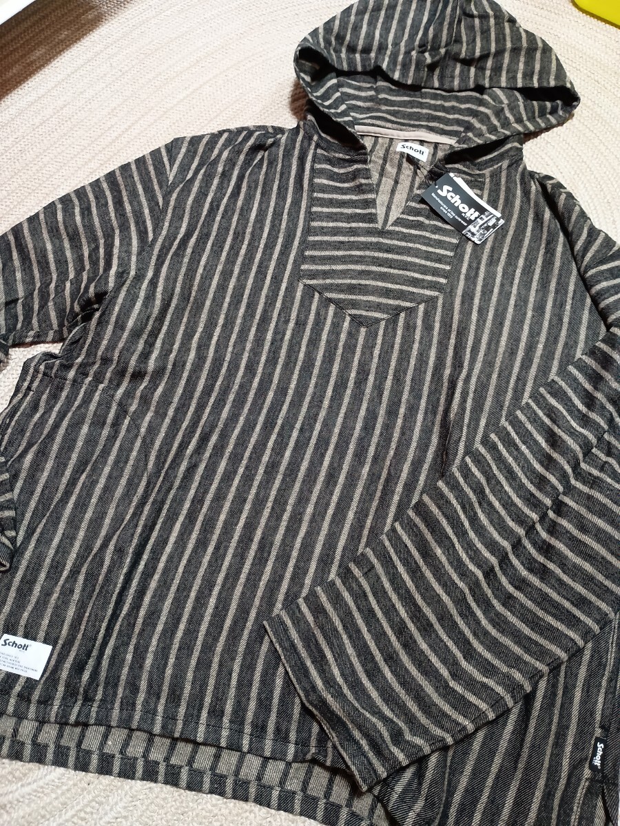 新品 定価22000 Schott BAJA HOODED 2XL ショット バハ パーカー ストライプ ブラック 麻 レーヨン プルオーバー拍卖