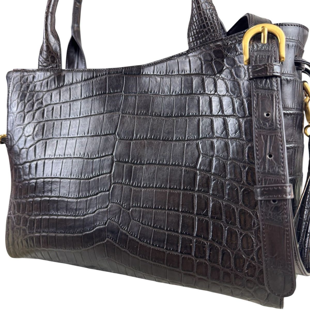 最高峰!!!クロコダイル トートバッグ メンズ マットクロコ ポロサス センター取り ブラウン 鰐革 茶 ビジネス A4可 肩掛け 2way クロコ拍卖