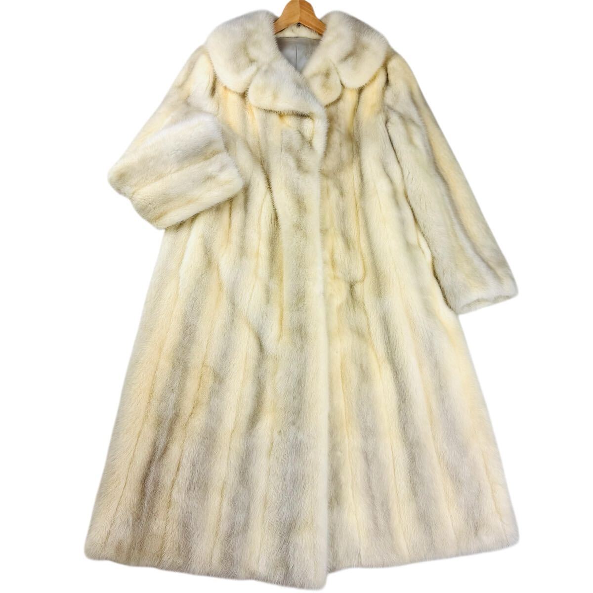 総丈113cm/毛並み綺麗 パールミンク MINK クロス ファーコート リアルファー 本毛皮 貂 アウター L相当 ロング丈 なめし柔らか 拍卖