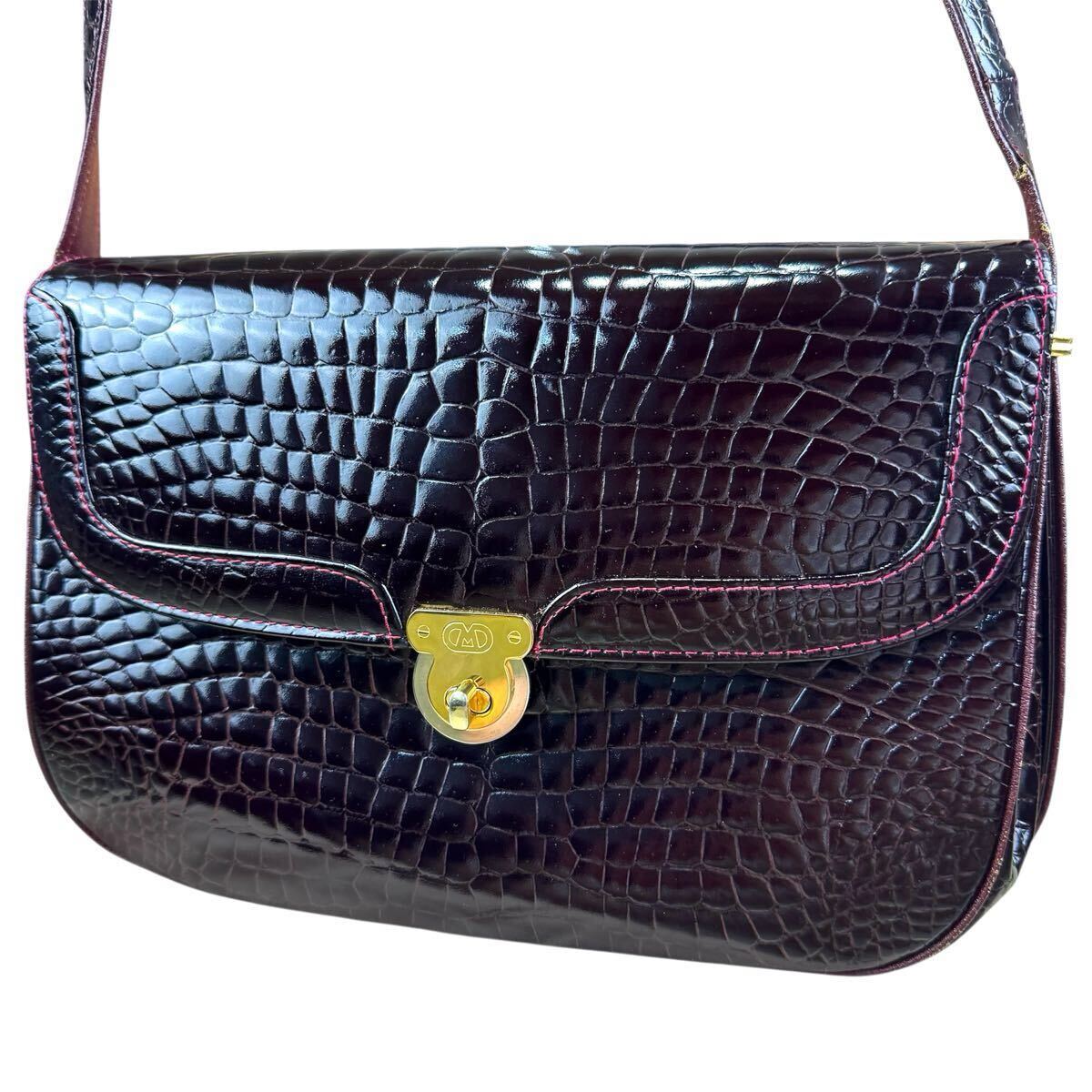 FBM イタリア製 シャイニングクロコ バーガンディ レッド ボルドー センター取り クロコダイル クロコ 鰐 ワンショルダー ショルダーバッグ拍卖
