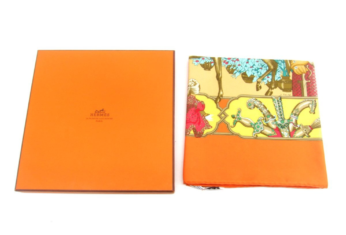 HERMES エルメス カレ90 シルク オレンジ マハラジャ スカーフ ∠UP5282拍卖