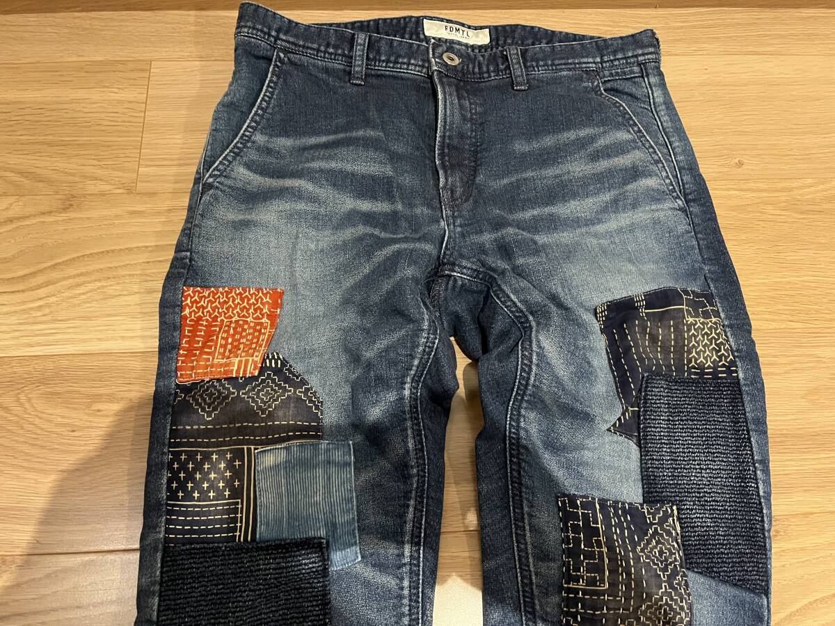 新品同様 FDMTL ファンダメンタル 刺子 スウェットデニム W30 パッチワーク ジーンズ スウェット拍卖