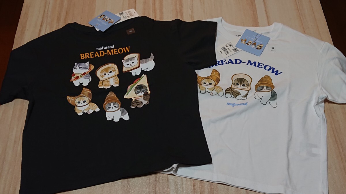 130cm 白+ダークグレー モフサンド × ユニクロ パンにゃん 半袖Tシャツ mofusand UNIQLO ホワイト拍卖