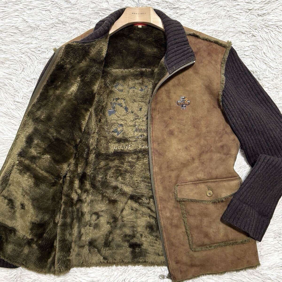 希少3L 極美品 CASTELBAJAC +2 NATURE 袖ニット 切替 ムートンジャケット 裏ボア ブラウン 刺繍 カステルバジャック 極暖 XXLサイズ 一点物拍卖