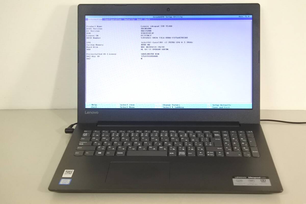 ★☆Lenovo ideaPad 330-15IBK☆Core i3-7020U ☆BIOS OK☆Webカメラ・Bluetooth・テンキー☆☆★拍卖