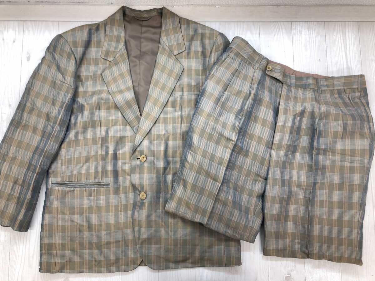 シナワット タイシルク Shinawatra Thai Silk レトロ オーバーチェック シングルスーツ 上下セットアップ メンズ シルク100% 42 ベージュ拍卖