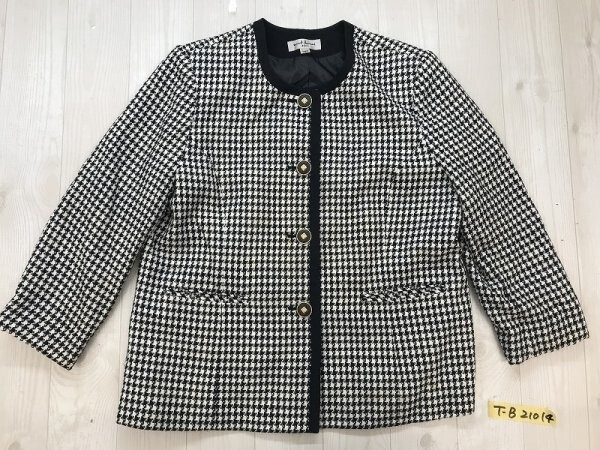 MONT DOMANI レディース チェック ノーカラージャケット 15BR 黒白 ポリエステル・毛・絹拍卖