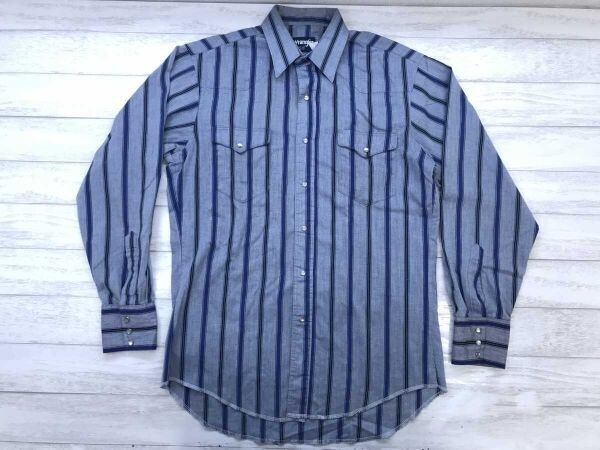USA製 ラングラー Wrangler レトロ オールド 90s アメトラ ストライプ 長袖 ウエスタン シャツ メンズ スナップボタン コットン混合 XL 紺拍卖
