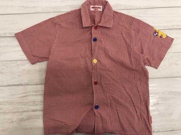 ミキハウス miki HOUSE レトロ オールド ギンガムチェック カラフルボタン 半袖シャツ 日本製 キッズ 男の子 女の子 110 赤白拍卖