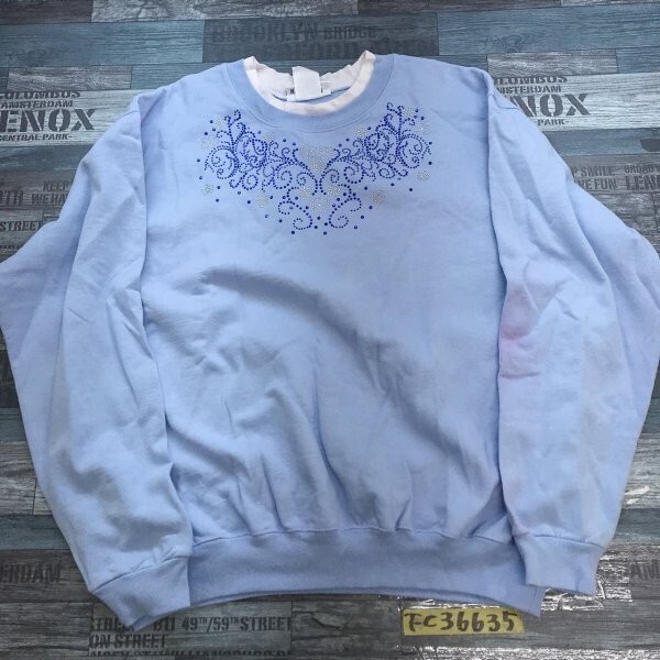 COUNTRY STORE レディース コットン混 ライトストーン付き 裏起毛 レイヤードトレーナー 大きいサイズ XL ライトグレー拍卖