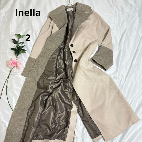 Inella◇イネラ バイカラーロングコート【2】袖切替デザイン ウール混 防寒 アウター 羽織物 冬物拍卖