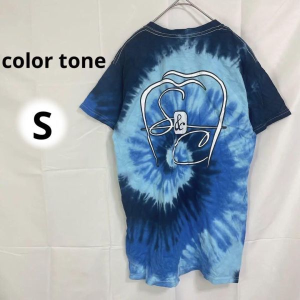 color tone◇タイダイ柄Tシャツ【S】ブルー コットン100% 春夏服 普段着 通勤 カジュアル 派手 ラフ 青拍卖