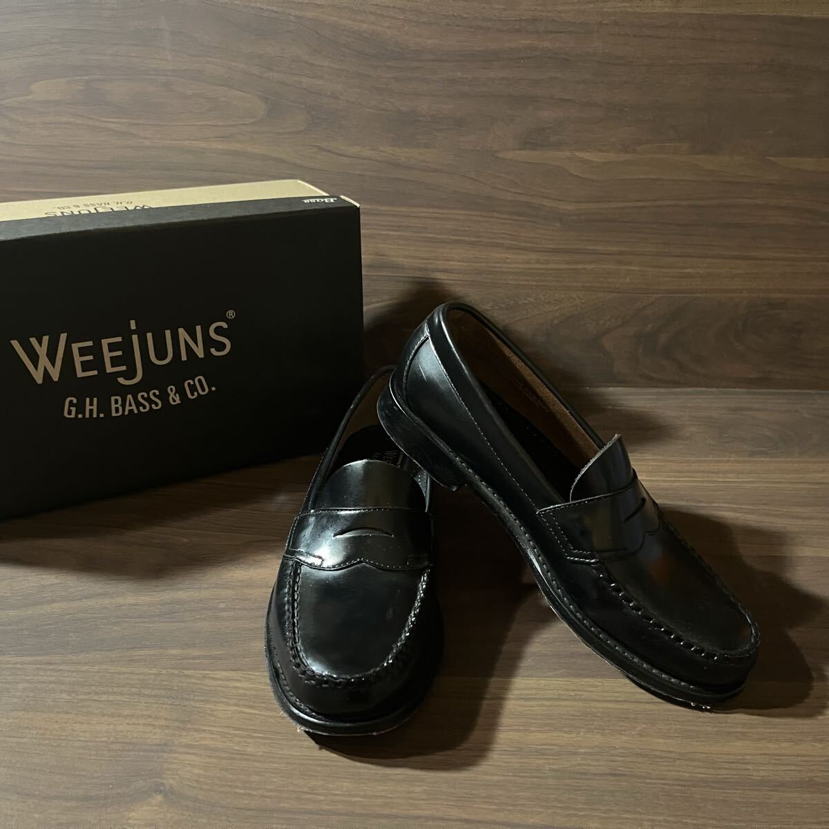 【良品】25.5cm G.H.Bass&Co. WEEJUNS Black Lthr Logan Moc Lthr US7.5 ジーエイチバス ウィージャンズ レザー ローファー 黒 箱付拍卖