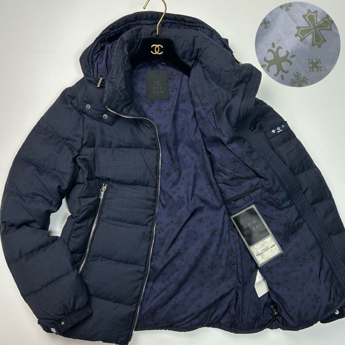 美品★ XLサイズ タトラス TATRAS ダウンジャケット DOMIZIANO ドミッツァーノ 2way シルク 最高級 ネイビー 紺 裏地総柄 フード 肉厚 極暖拍卖