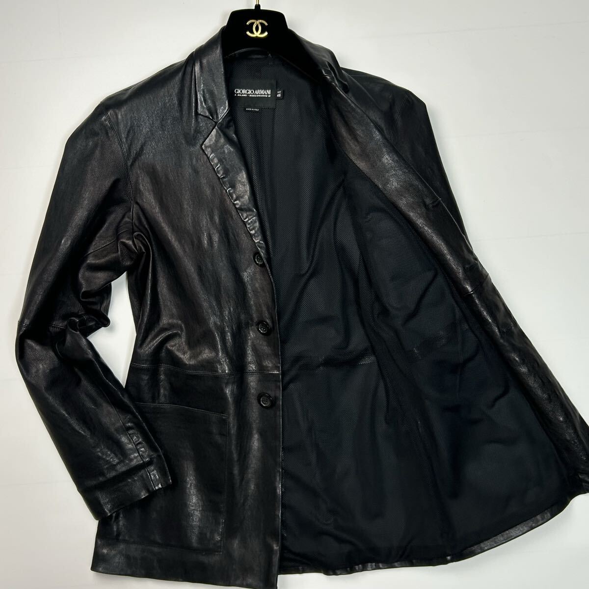 美品★ Lサイズ相当 GIORGIO ARMANI ジョルジオアルマーニ ラムレザー 羊革 ジャケット テーラード 最高級 上着 レザー メンズ 本革拍卖