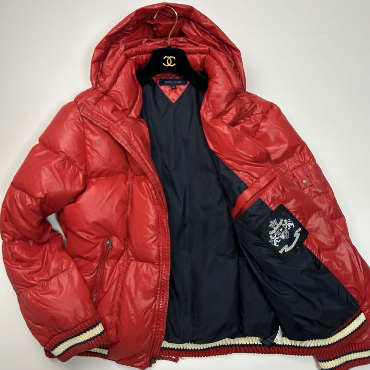 美品★ XLサイズ TOMMY HILFIGER トミーヒルフィガー ダウンジャケット 2way レッド フード 着脱可能 アウター 上着 メンズ拍卖