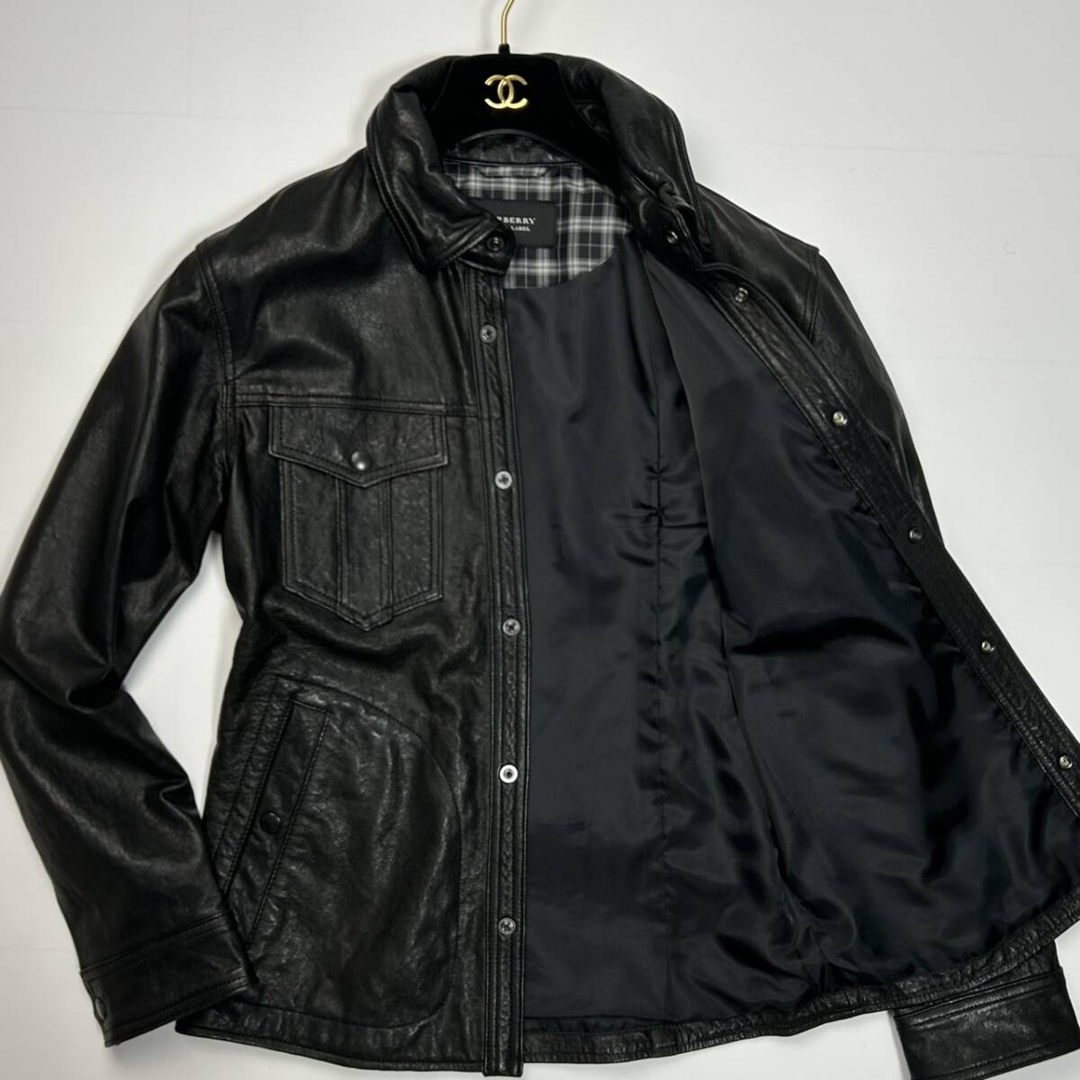 美品★ BURBERRY BLACK LABEL バーバリーブラックレーベル レザージャケット ブラック 羊革 ラムレザー 本革 テーラードジャケット 最高級拍卖