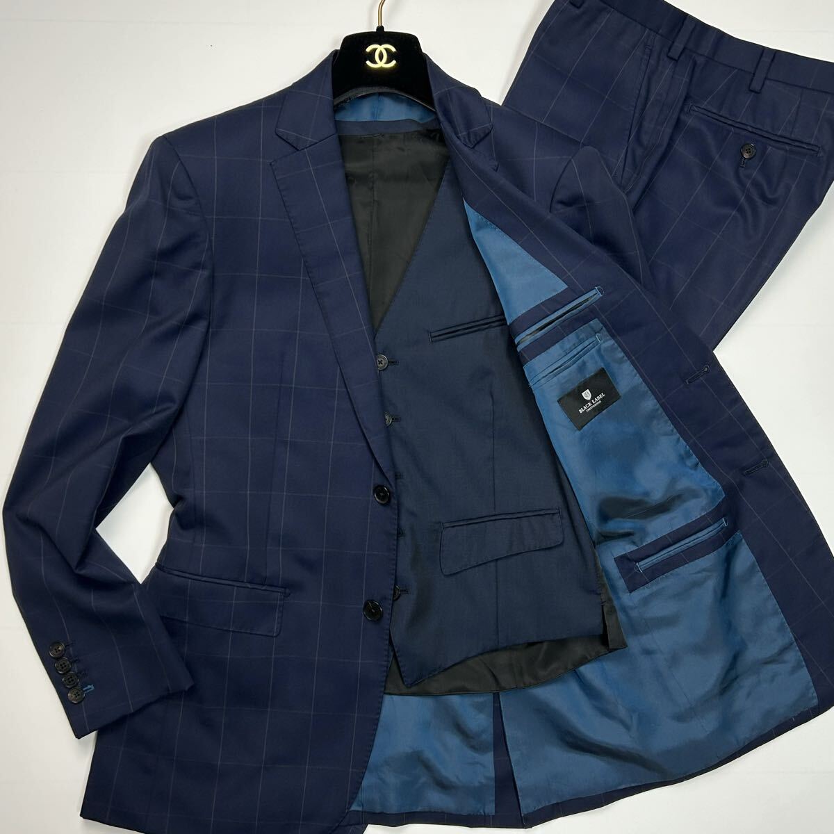 美品★ Lサイズ BLACK LABEL CRESTBRIDGE ブラックレーベルクレストブリッジ 3ピース スーツ セットアップ チェック ネイビー スリーピース拍卖