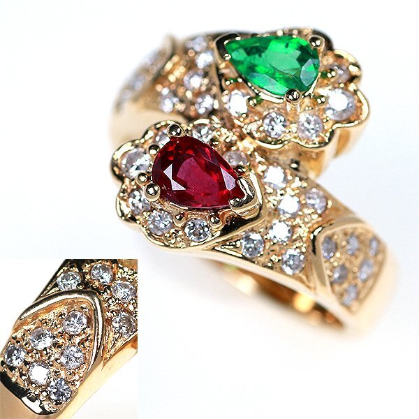 【1円スタート】T269 K18 ルビー0.66ct E0.32ct D0.53ct リング 日本宝石科学協会ソーティング付き トワエモア拍卖