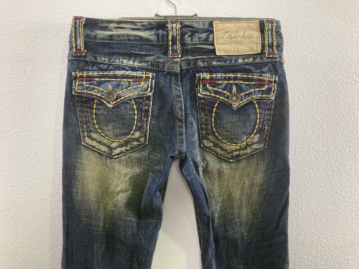 ★LOLITA JEANS ロリータジーンズ★ バック刺繍 W27 L相当 濃紺 総柄 パンツ デニム ジーンズ バギー フレア 激安 格安拍卖