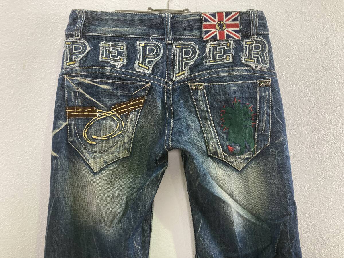 ★RED PEPPER レッドペッパー★ 豪華 バックロゴ刺繍 W26 M相当 総柄 濃紺 パンツ デニム ジーンズ 激安 格安拍卖