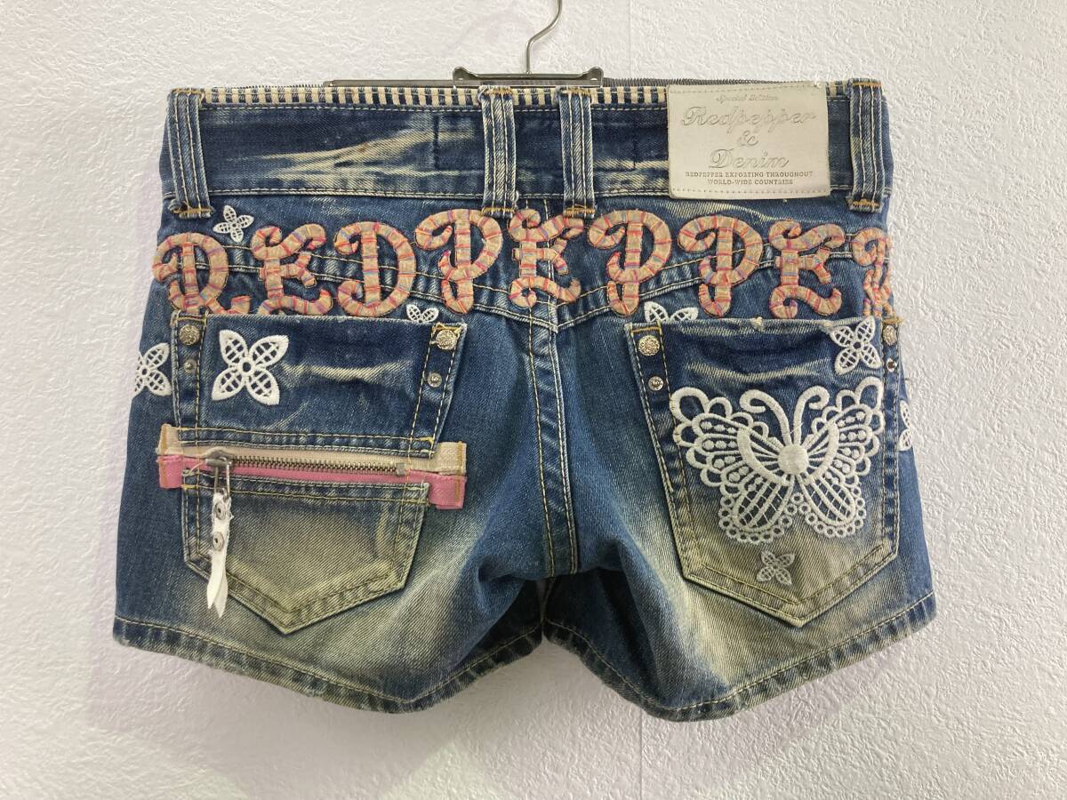 ★RED PEPPER レッドペッパー★ 蝶 バタフライ バックロゴ刺繍 W34 M相当 ショートパンツ 総柄 デニム ジーンズ 激安 格安拍卖