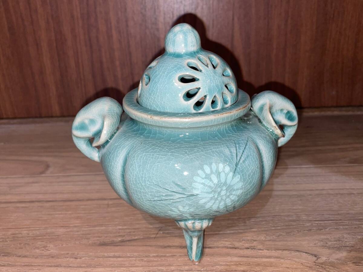 【未使用】 技工名品 極上細工 韓那窯 高麗青磁 香炉 麗堂 洪 性俊 作 共箱 美品 骨董 美術 置物拍卖