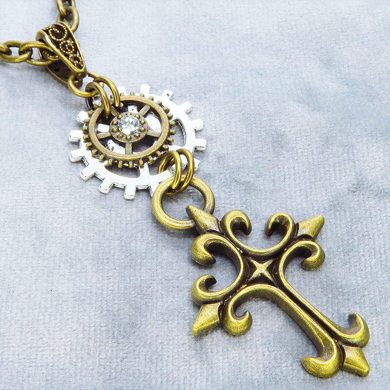 アンティークゴールド ゴシック調ロザリオと歯車を組合せた重厚スチームパンクネックレス 長さ調整可拍卖