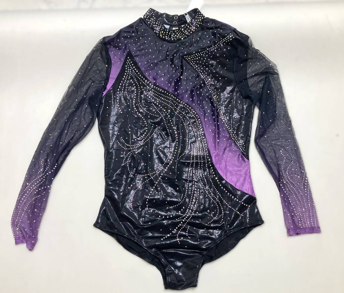 特大2XLサイズ 黒紫/IEFIEL社製 長袖フィギュアスケートレオタードクリスタルラインストーンボディスーツバレエ体操ダンス ウエア拍卖