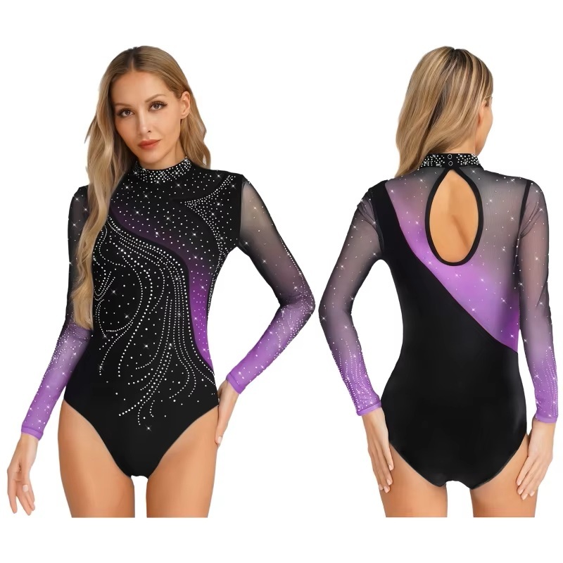大きなXLサイズ 黒紫 IEFIEL社製 長袖フィギュアスケートレオタードクリスタルラインストーンボディスーツバレエ体操ダンス ウエア拍卖