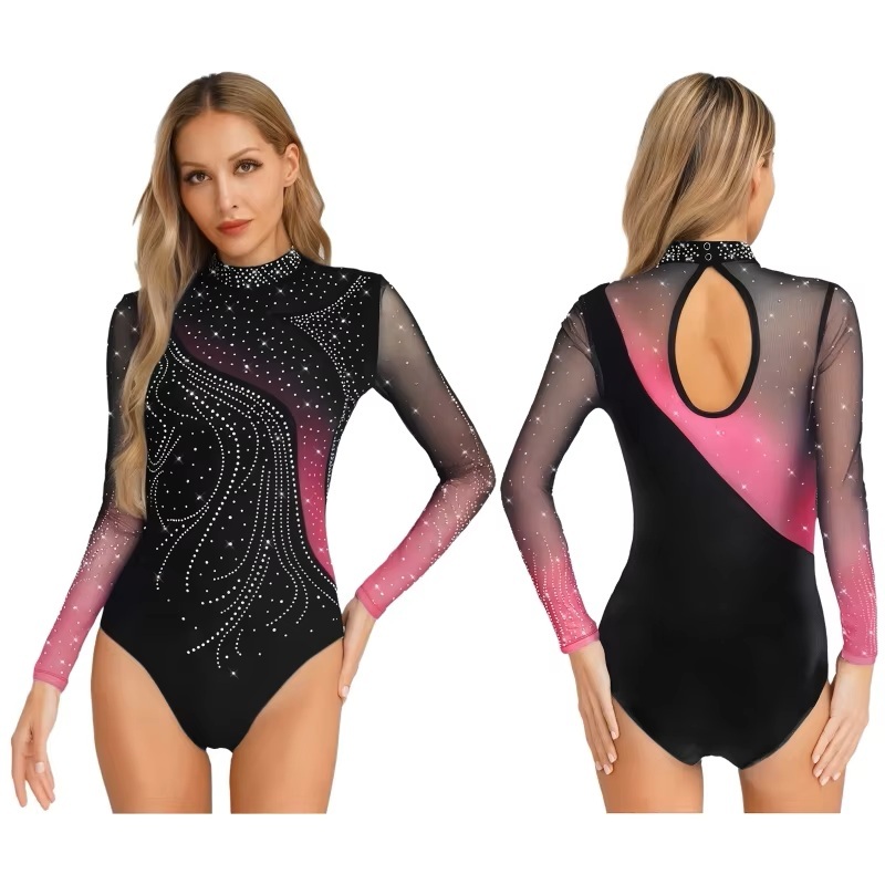 大きなXLサイズ 黒PINK・IEFIEL社製 長袖フィギュアスケートレオタードクリスタルラインストーンボディスーツバレエ体操ダンス ウエア拍卖