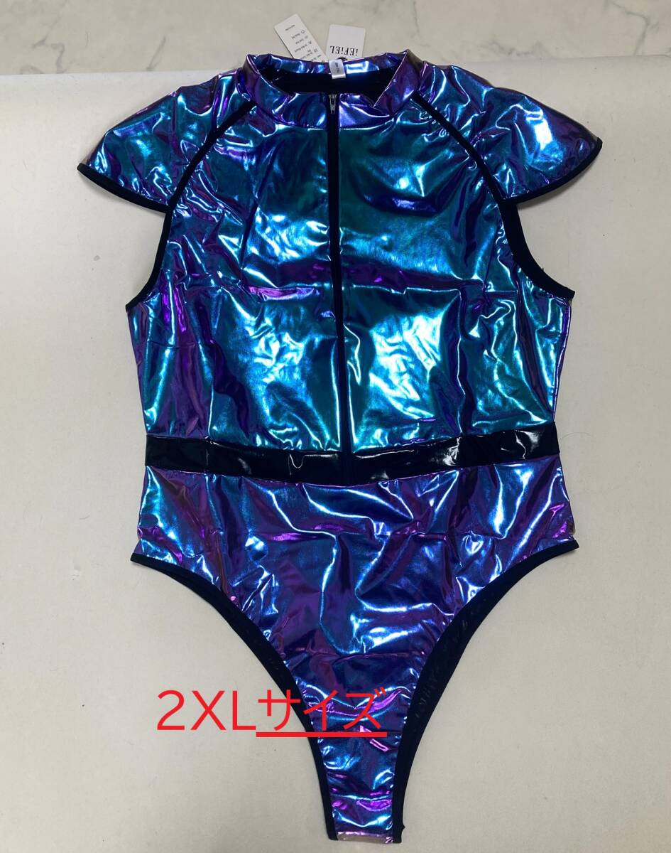 特大2XLサイズ ブルーホログラム メタリック光沢 IEFIEL社製  肩袖フロントファスナー レースクイーンレオタード拍卖