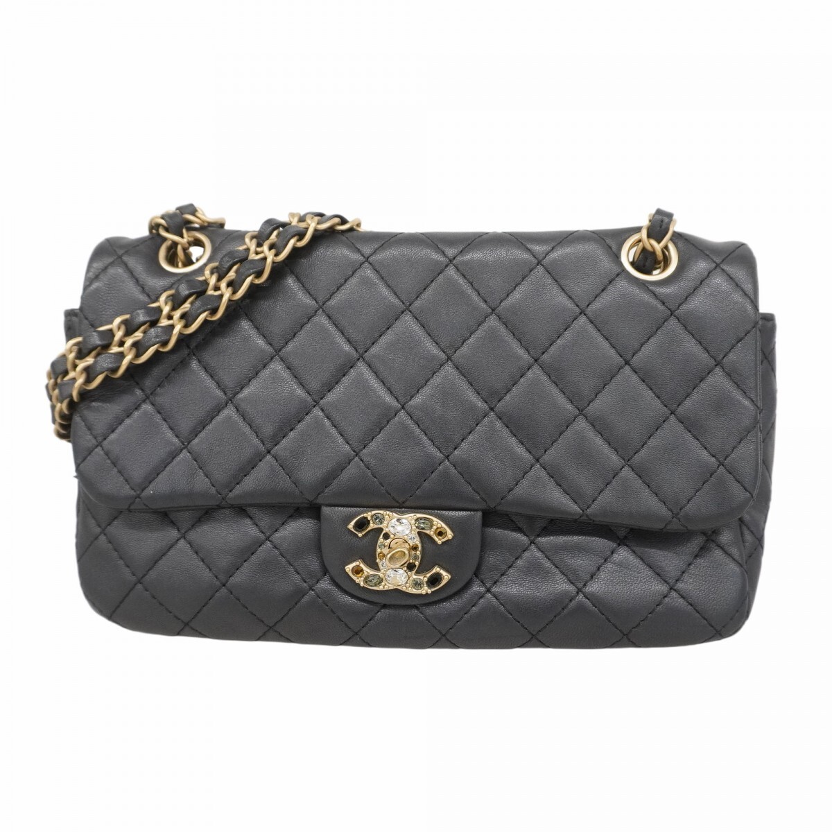 【5mb1450-h】シャネル ショルダーバッグ マトラッセ Wチェーン ラムスキン ブラック シャンパンゴールド金具【中古】レディース拍卖