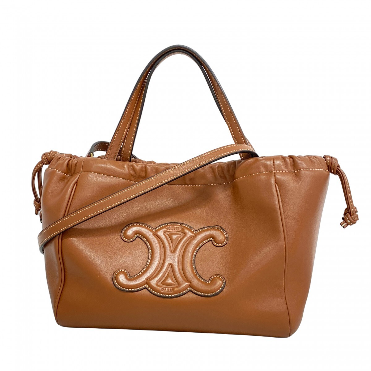 【5mc3294-h】セリーヌ ハンドバッグ トリオンフ ドローストリング レザー ブラウン ゴールド金具 2wayバッグ【中古】レディース拍卖