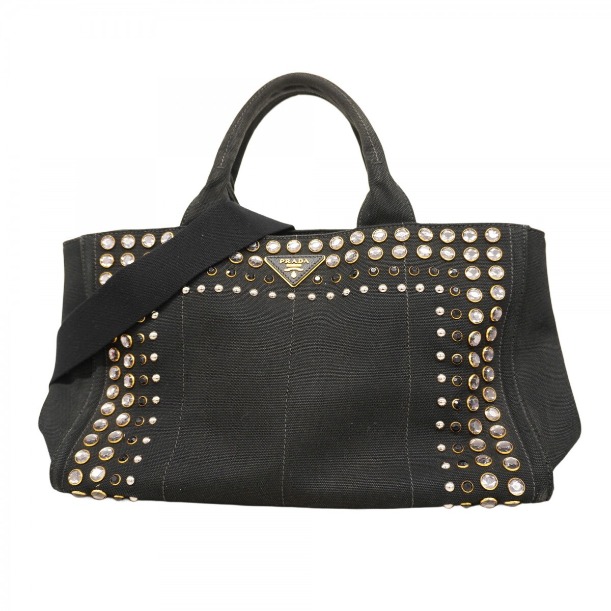 【5md5119】プラダ トートバッグ カナパ キャンバス ブラック ゴールド/シルバー金具 2wayバッグ【中古】レディース拍卖
