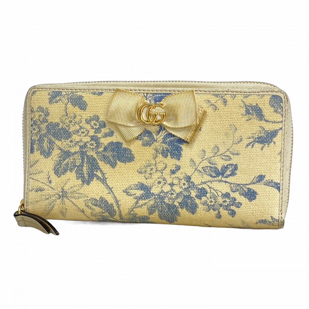 ★SALE【5mb2297-h】グッチ 長財布 GGマーモント 435819 キャンバス アイボリー ブルー ゴールド金具【中古】レディース拍卖