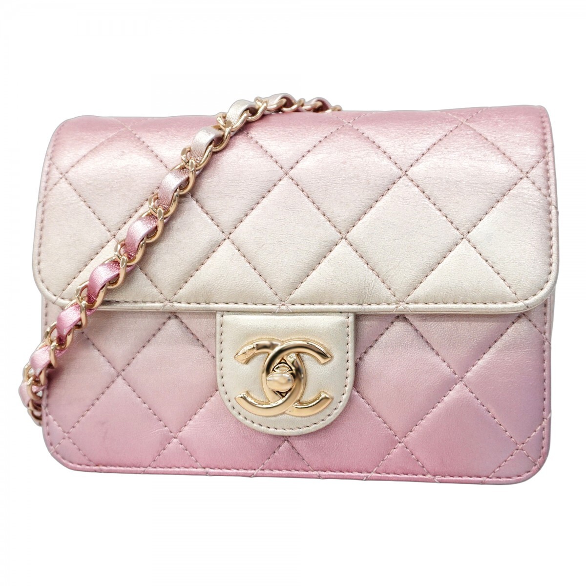 ★最終価格★SALE【5mb1635】シャネル ショルダーバッグ マトラッセ チェーンショルダー ラムスキン ピンク グレー シャンパンゴールド金具拍卖